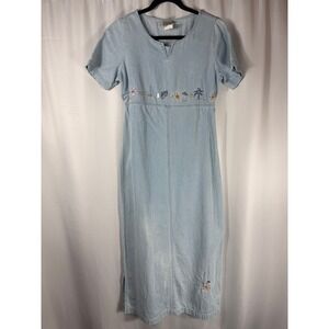 Vintage Teddi Light Wash Denim Embroidered Empire Waist Maxi Dress Small Blue